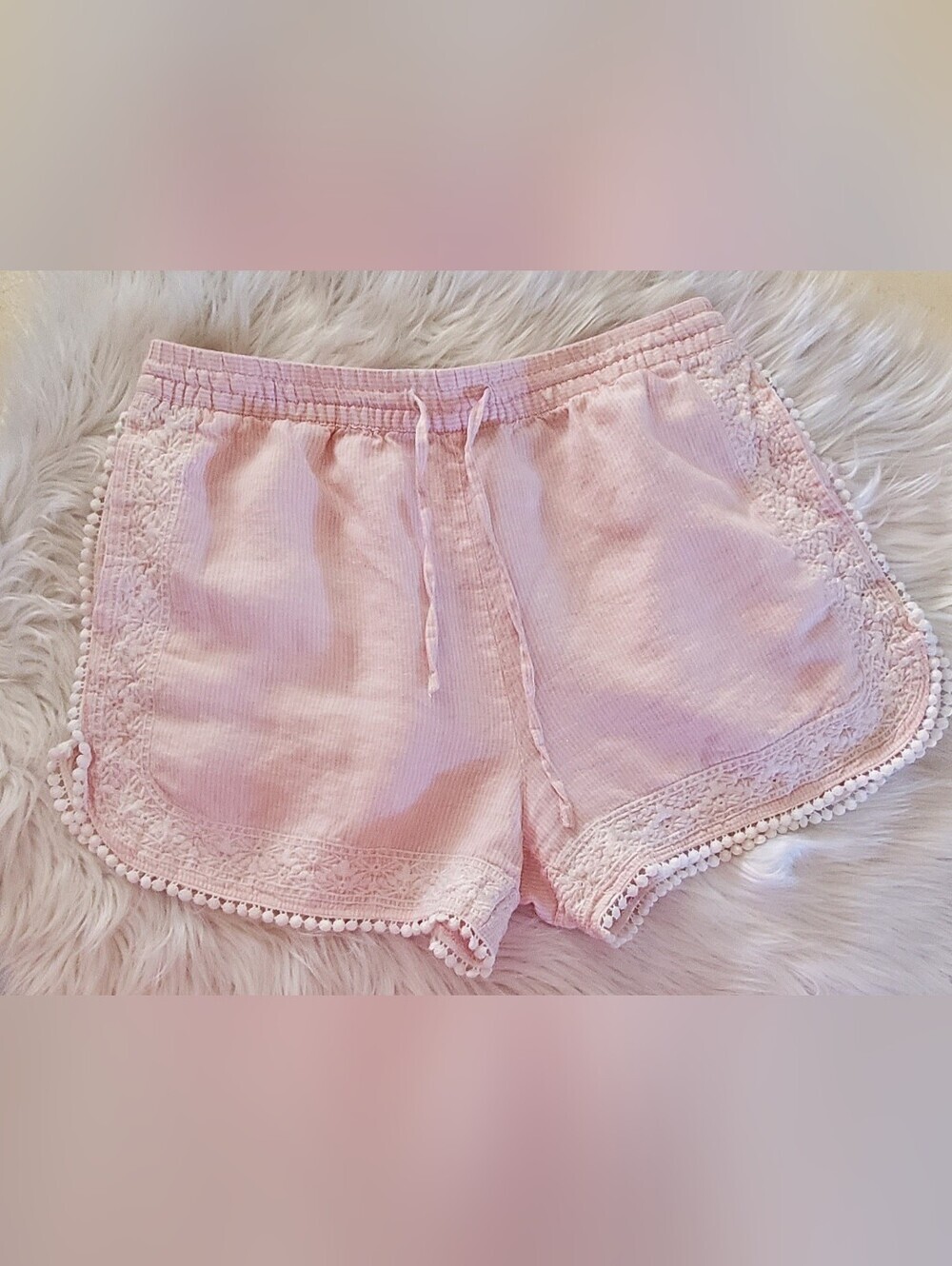 Cynthia Rowley Blush Pink Pinstripe Crochet Trim Pom Pom Lounge Shorts Women's M
